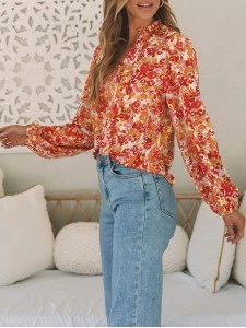FLORAL V-NECK WOOD EAR HEM CASUAL SHIRT