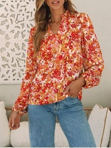 FLORAL V-NECK WOOD EAR HEM CASUAL SHIRT