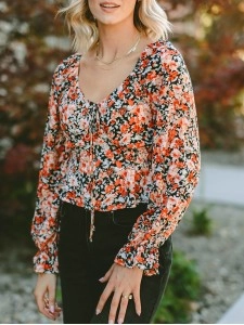 Flower pattern lace up casual top
