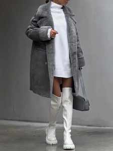 Fur suede suit collar long plush coat