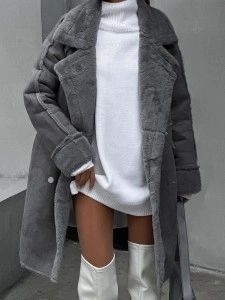 Fur suede suit collar long plush coat
