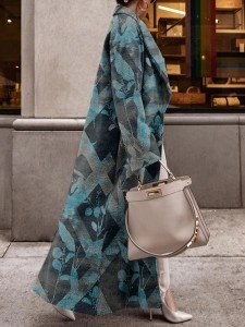 Geometric Contrast Plant Pattern Warm Long Sleeve Long Wool Coat