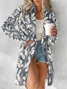 Gray elegant women's lapel color matching fleece coat