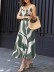 Green women's square collar waist dress