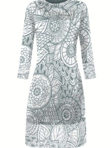 Grey crew neck pullover positioning print elegant slim-fit dress