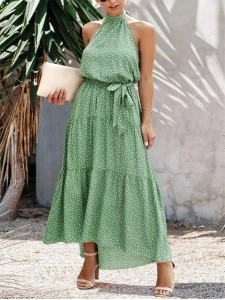 Halter Neck Floral Backless Loose Ruffle Maxi Dress