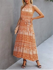 Halter Neck Floral Backless Loose Ruffle Maxi Dress