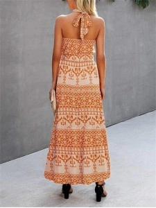 Halter Neck Floral Backless Loose Ruffle Maxi Dress