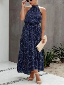 Halter Neck Floral Backless Loose Ruffle Maxi Dress
