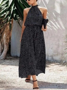 Halter Neck Floral Backless Loose Ruffle Maxi Dress