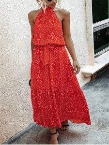 Halter Neck Floral Backless Loose Ruffle Maxi Dress