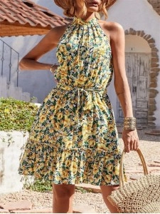 Halter Neck Summer Loose Sleeveless Ruffle Belt Boho Floral Dress