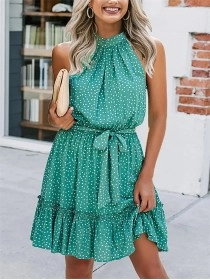 Halter Neck Summer Loose Sleeveless Ruffle Belt Boho Floral Dress