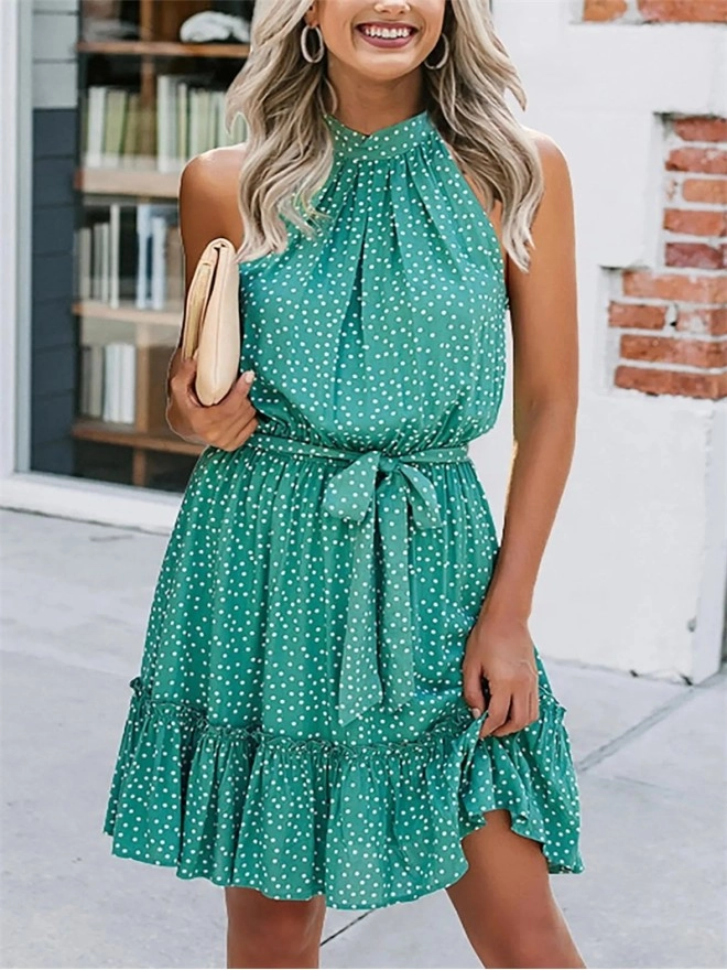 Halter Neck Summer Loose Sleeveless Ruffle Belt Boho Floral Dress