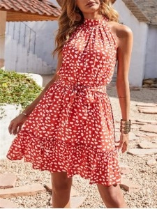 Halter Neck Summer Loose Sleeveless Ruffle Belt Boho Floral Dress
