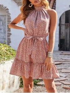 Halter Neck Summer Loose Sleeveless Ruffle Belt Boho Floral Dress