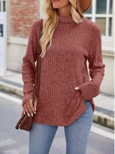 High neck loose fitting long sleeved split T-shirt top