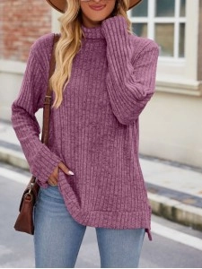 High neck loose fitting long sleeved split T-shirt top