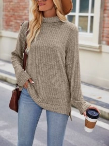 High neck loose fitting long sleeved split T-shirt top