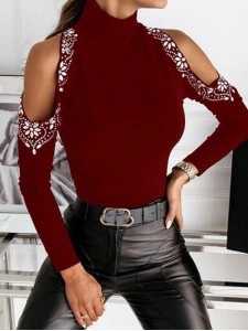 High Neck Sexy Hot Diamond Off Shoulder Long Sleeve Knitted Underlay Shirt
