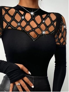 Hollow Mesh Diamond Long Sleeve T-shirt