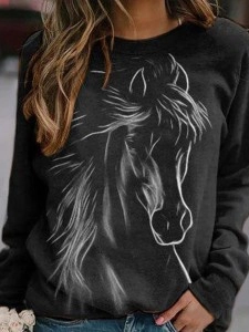 Horse Printed Raglan Sleeve Crew Neck Casual Sweatshirt