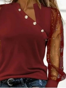 Hot Diamond Diagonal Shoulder Mesh Panel Long Sleeve Top