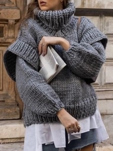 Knitted fluffy long sleeved wooden ear edge high neck sweater