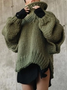 Knitted fluffy long sleeved wooden ear edge high neck sweater