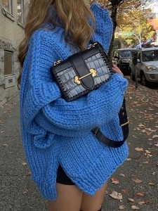 Knitted fluffy long sleeved wooden ear edge high neck sweater