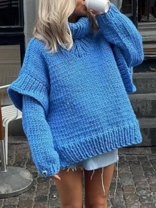 Knitted fluffy long sleeved wooden ear edge high neck sweater