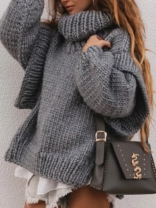Knitted fluffy long sleeved wooden ear edge high neck sweater