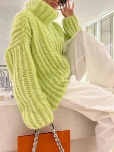 Knitted pullover fluffy long sleeved high neck sweater