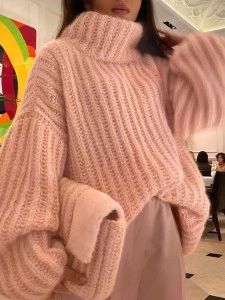 Knitted pullover fluffy long sleeved high neck sweater
