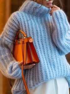 Knitted pullover fluffy long sleeved high neck sweater