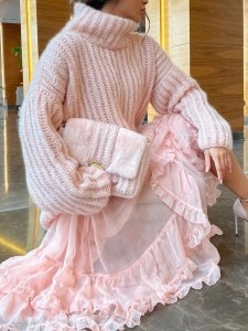 Knitted pullover fluffy long sleeved high neck sweater