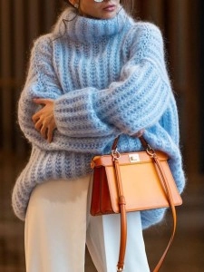 Knitted pullover fluffy long sleeved high neck sweater