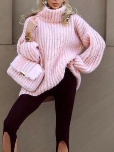 Knitted pullover fluffy long sleeved high neck sweater