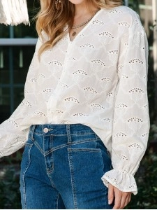 LACE BUTTON V NECK SHEATH CASUAL BLOUSE