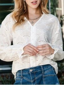 LACE BUTTON V NECK SHEATH CASUAL BLOUSE