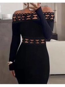 LACE SPLICE OFF SHOULDER DRESS