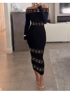 LACE SPLICE OFF SHOULDER DRESS