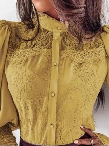 Lace standing neck flared sleeve shirt