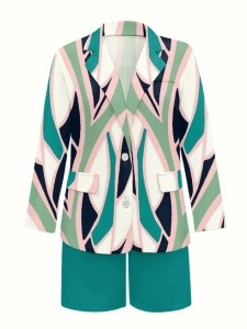 Ladies elegant print professional elegant suit jacket shorts 2 piece set