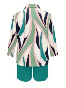 Ladies elegant print professional elegant suit jacket shorts 2 piece set
