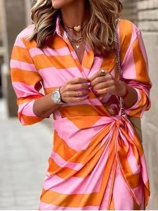 Lapel Striped Print Belted Long Sleeve Dress