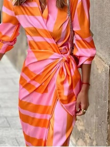 Lapel Striped Print Belted Long Sleeve Dress