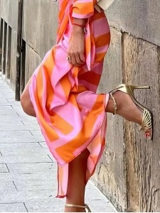 Lapel Striped Print Belted Long Sleeve Dress