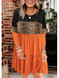Leopard Color-Blocked Ruffled Splicing Mini Dress