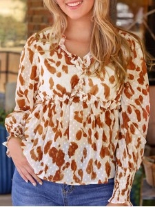 Leopard embellished V-neck ruffled casual shirt